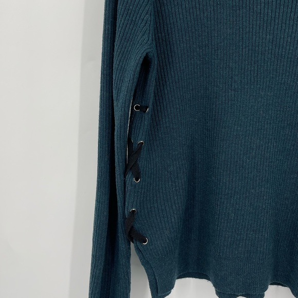 John + Jenn Turtleneck Sweater Ribbed with Lace Up Side Detail Teal Size Large - Picture 3 of 8